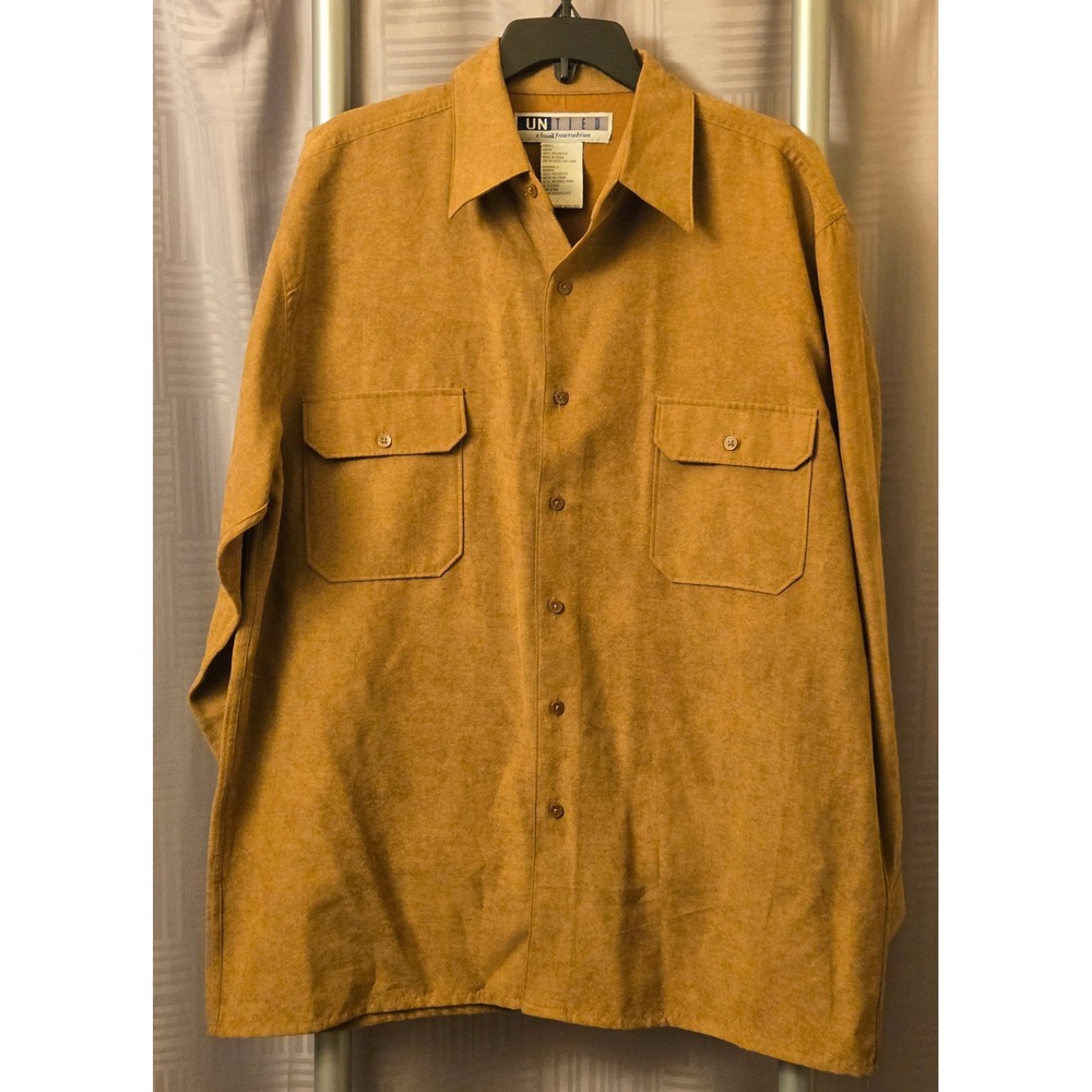 Untied Mens Faux Suede Button Down Shirt Mustard Yellow Long Sleeve Large Retro